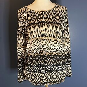Verve Ami fine knit cardigan sweater, black, brown, khaki , creamy white print S